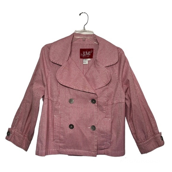 LAL Live A Little Cotton Blend Red / White Stripe Button Front Blazer Jacket L - Picture 1 of 12